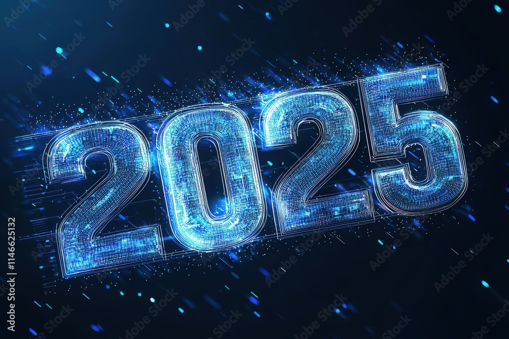 A vibrant display of the year 2025 rendered in glowing blue light against a dark background. This design emphasizes a modern, digital theme with a sense of movement and technology.