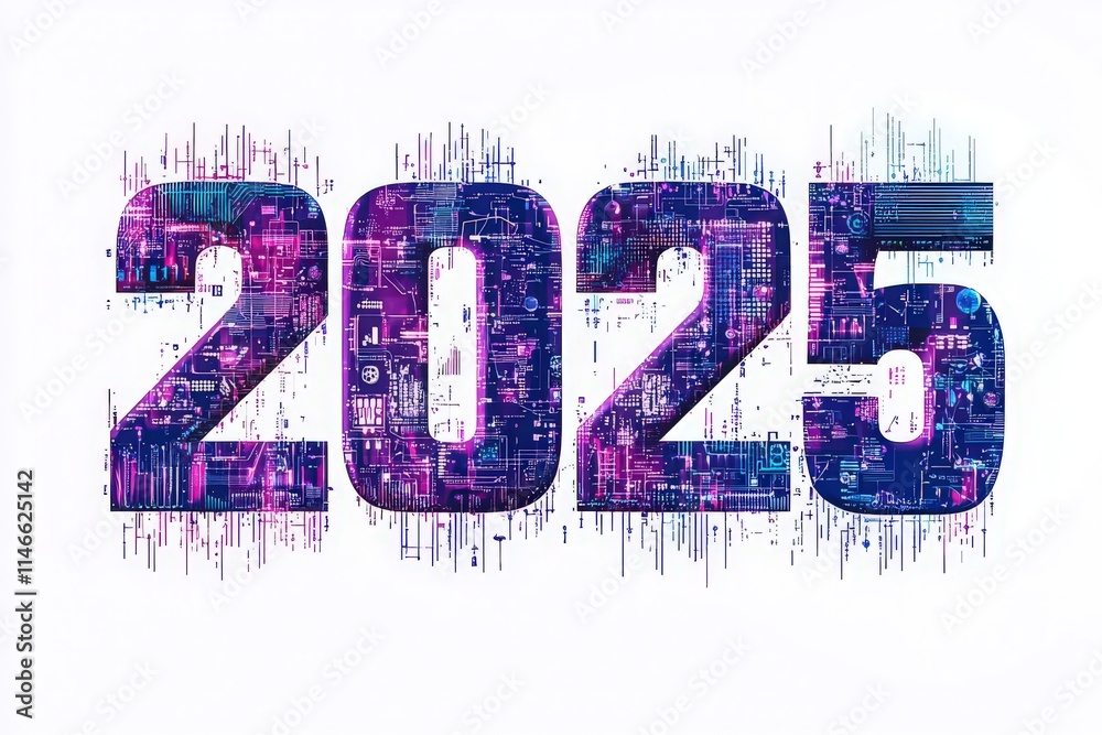 A bold design features the number 2025, filled with colorful circuit patterns, representing technological advancement and innovation in the upcoming year.