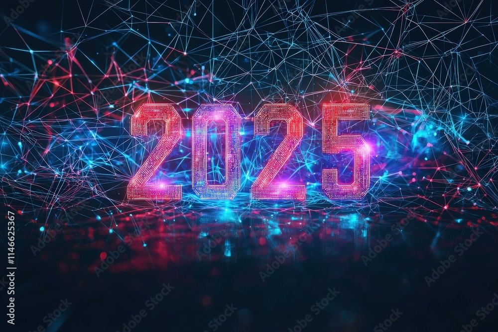 The artwork showcases the year 2025 in glowing numbers surrounded by an intricate network of colorful lights and patterns. This visual representation symbolizes innovation and progress.