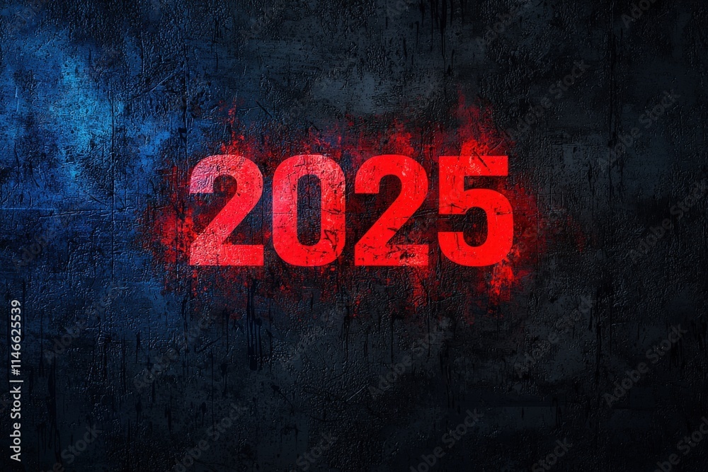 Bold red numbers display the year 2025, illuminated against a striking backdrop of deep blue and black textures, creating a modern and dynamic visual representation of time.