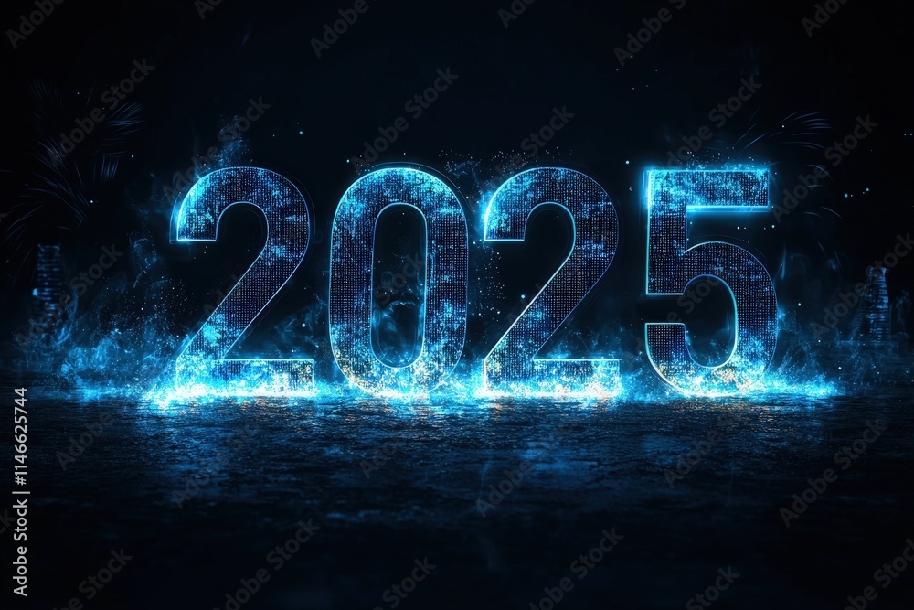 The year 2025 is prominently displayed with glowing blue numbers surrounded by dynamic water effects, creating a futuristic and captivating atmosphere, ideal for celebrating new beginnings.