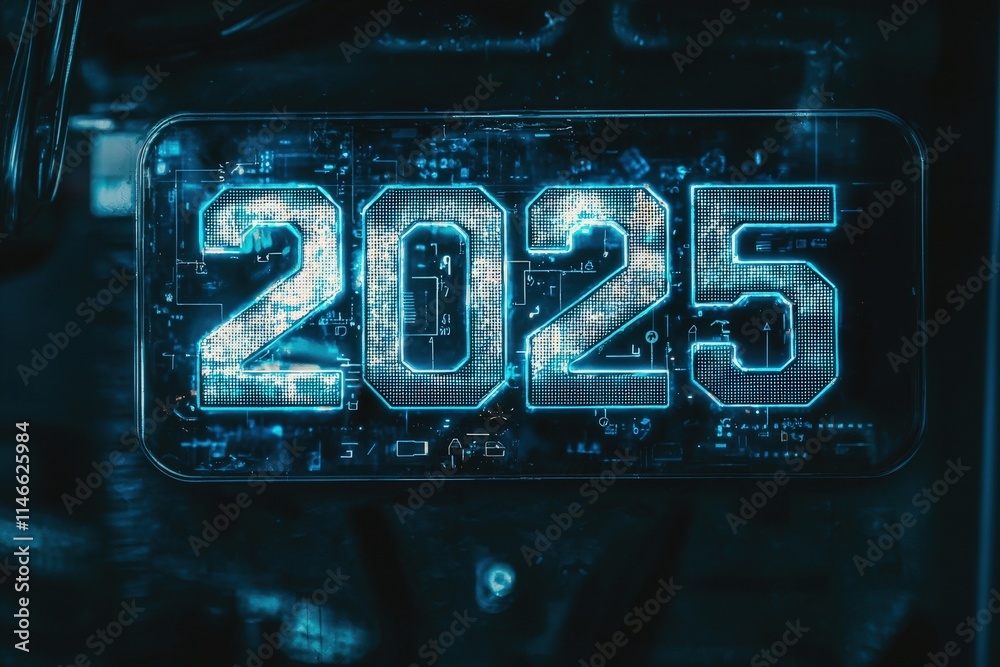 A digital rendering showcasing the year 2025, highlighted with glowing circuit patterns and modern technology elements. This artwork conveys a sense of innovation and progress.