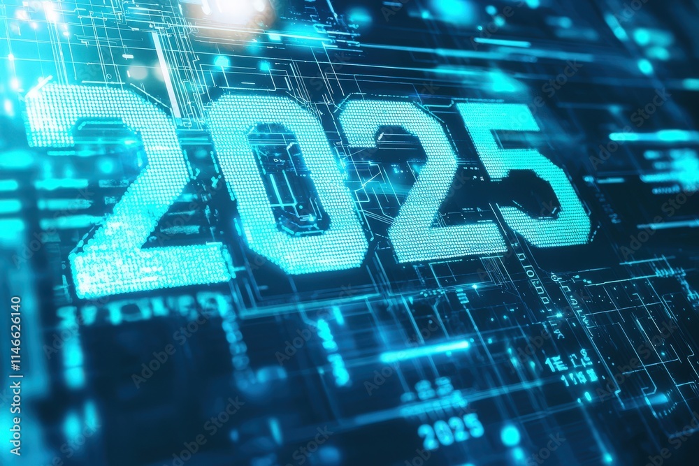 Bright blue numbers signify the year 2025, surrounded by a complex digital circuit design. The futuristic setting hints at advanced technology and innovation in the coming years.