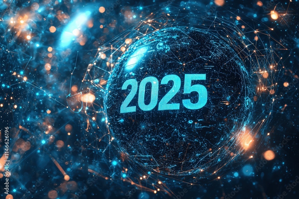 A futuristic globe shows the year 2025 in bright blue digits, surrounded by glowing connections and digital patterns, symbolizing technological advancement and connectivity in a global context.