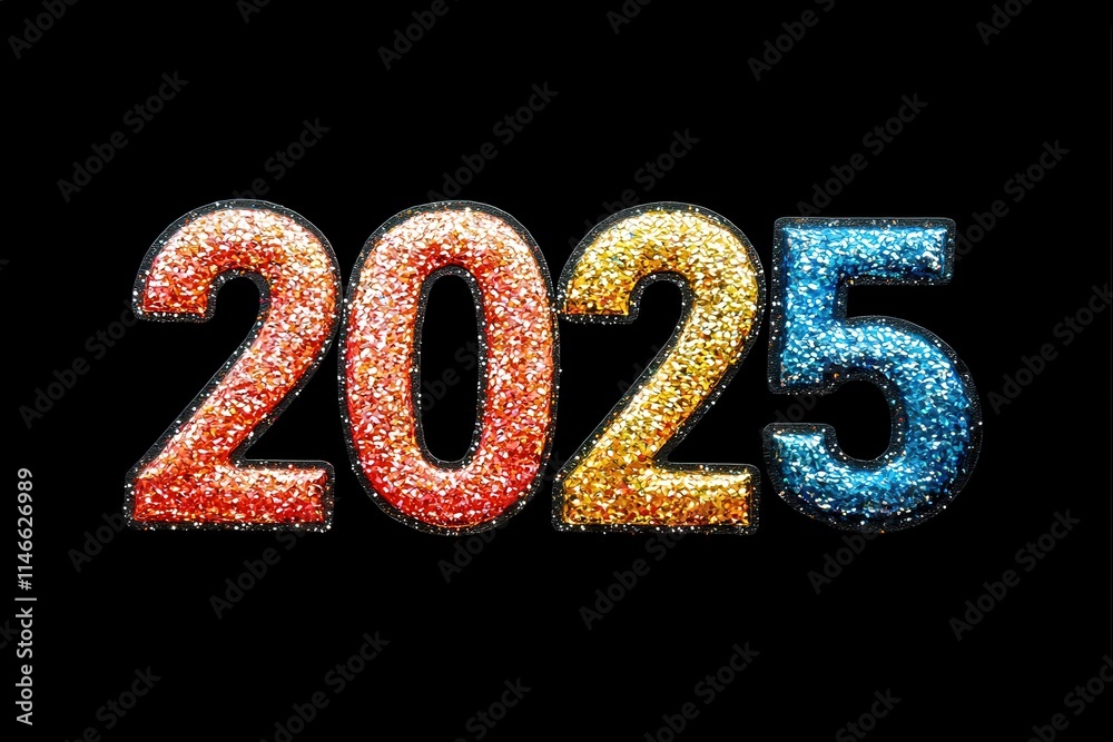 Brightly colored numbers displaying 2025 shimmer with glitter against a dark background, symbolizing celebration and anticipation for the upcoming year. The bold design enhances the festive mood.