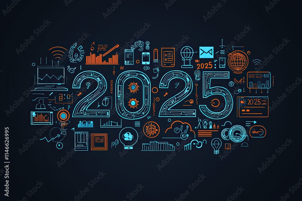A vibrant design showcases various icons and symbols related to technology, analytics, and progress, all centered around the year 2025, indicating future innovations and trends.