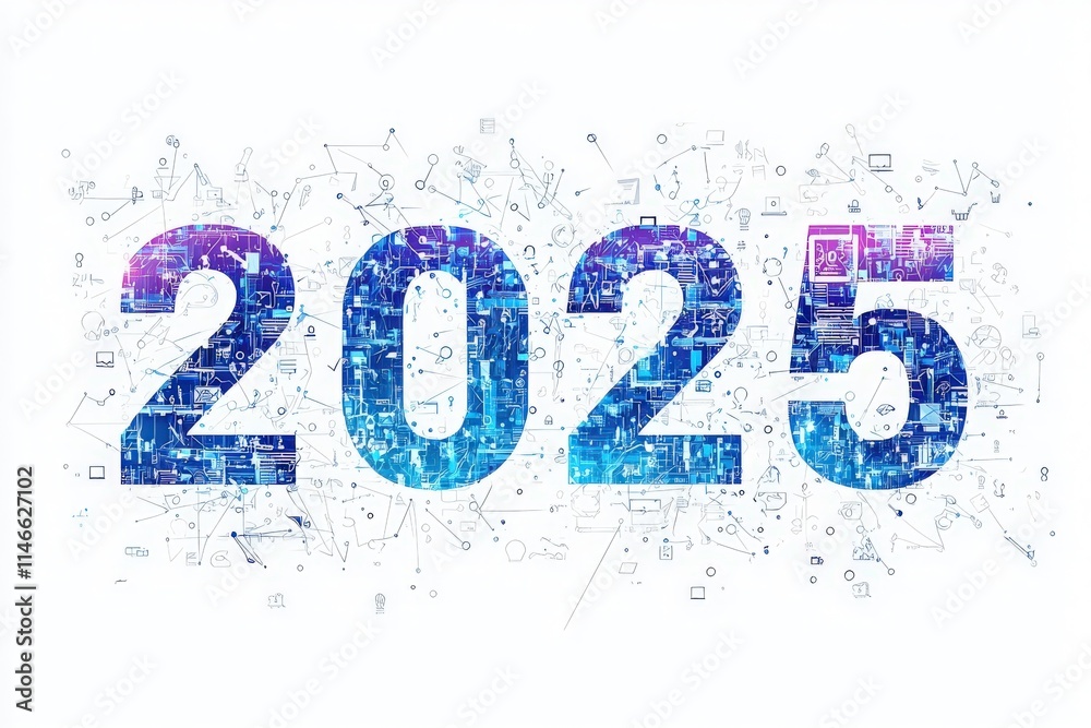 The graphic highlights the year 2025, showcasing a fusion of digital symbols and designs that represent advancements in technology, forecasting future trends in various fields.