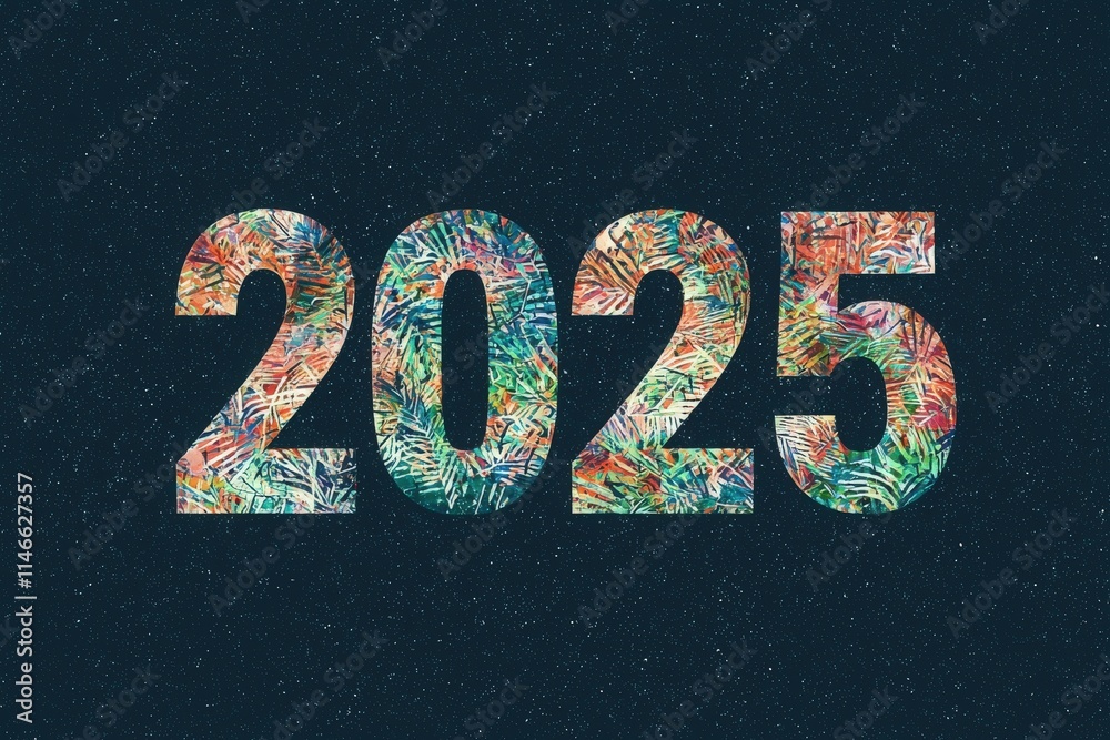 Bright colors and intricate patterns create a lively depiction of the year 2025, featuring tropical leaves against a dark background, aiming to evoke energy and freshness for the upcoming year.