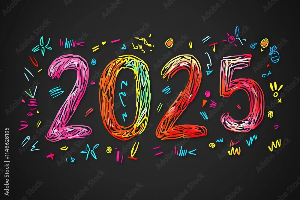The vibrant design showcases the year 2025 in colorful, hand-drawn numbers surrounded by playful doodles, bringing a lively and creative atmosphere to the overall composition.