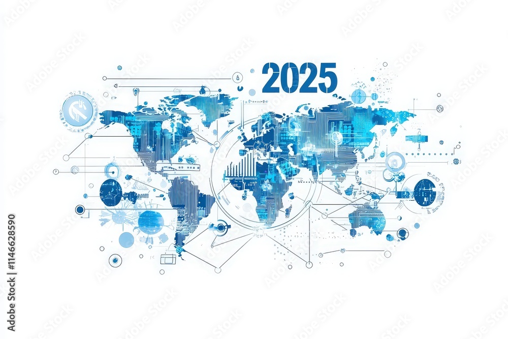 A detailed illustration depicts a world map intertwined with various data points, graphs, and symbols, highlighting connections and trends anticipated for the year 2025.