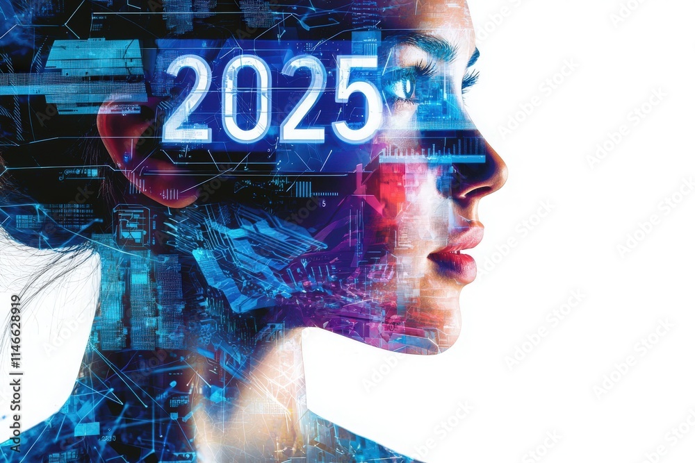 A female silhouette blends with digital elements representing future technology, showcasing a vision for the year 2025. The vibrant colors and data motifs emphasize innovation and progress.