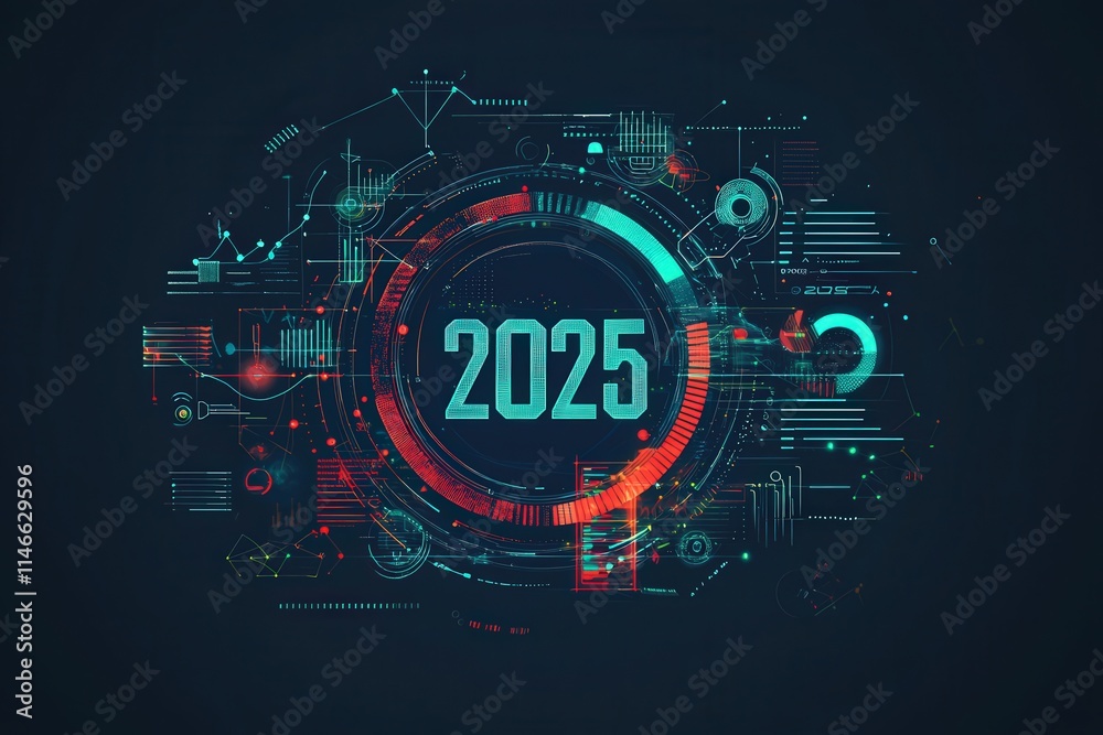 A dynamic design displays the year 2025 in bold typography, surrounded by intricate geometric patterns and digital motifs, creating a futuristic and high-tech feel.