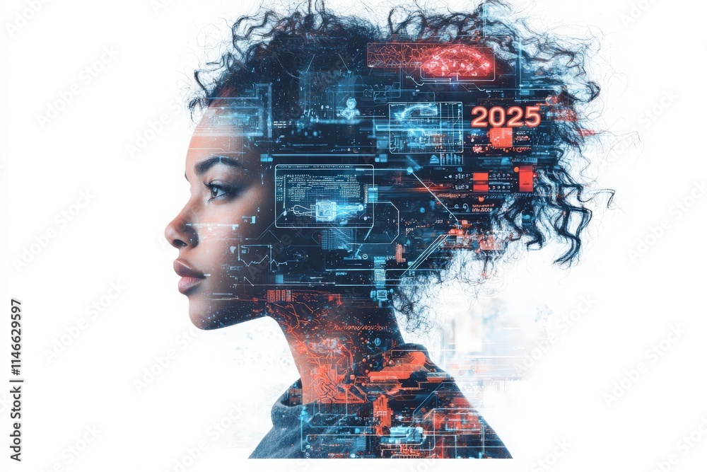 A woman with curly hair gazes to the side, surrounded by futuristic digital interfaces and elements. The setting suggests a blend of human intelligence and technology, projecting into the year 2025.