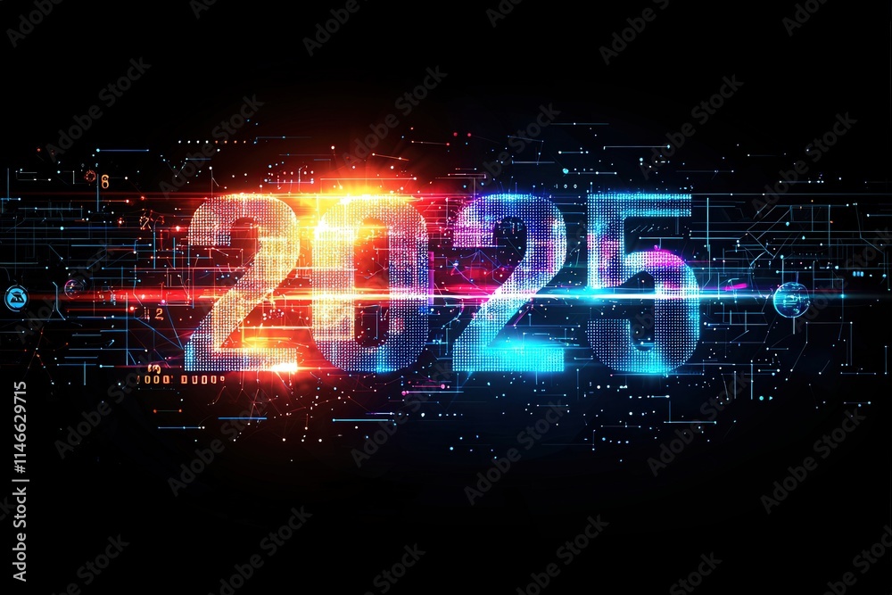 A vivid and dynamic display showing the year 2025 in bright, glowing digital typography. The background features abstract patterns and light effects, suggesting a tech-inspired theme.