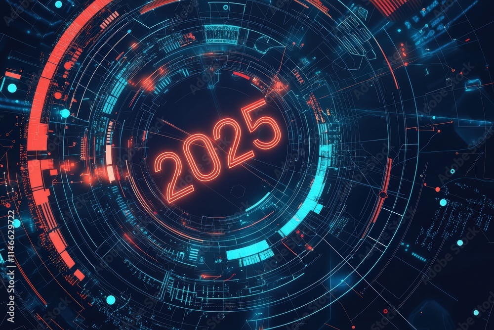 Futuristic digital graphic showcases the year 2025 in vibrant neon colors within a high-tech circular interface. The design features glowing elements and a technological aesthetic.