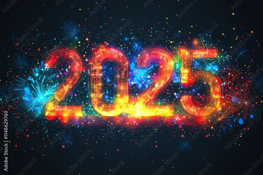 Letters forming the year 2025 shine brightly amid a burst of colorful fireworks and festive lights. This lively display symbolizes the excitement of ringing in the New Year.