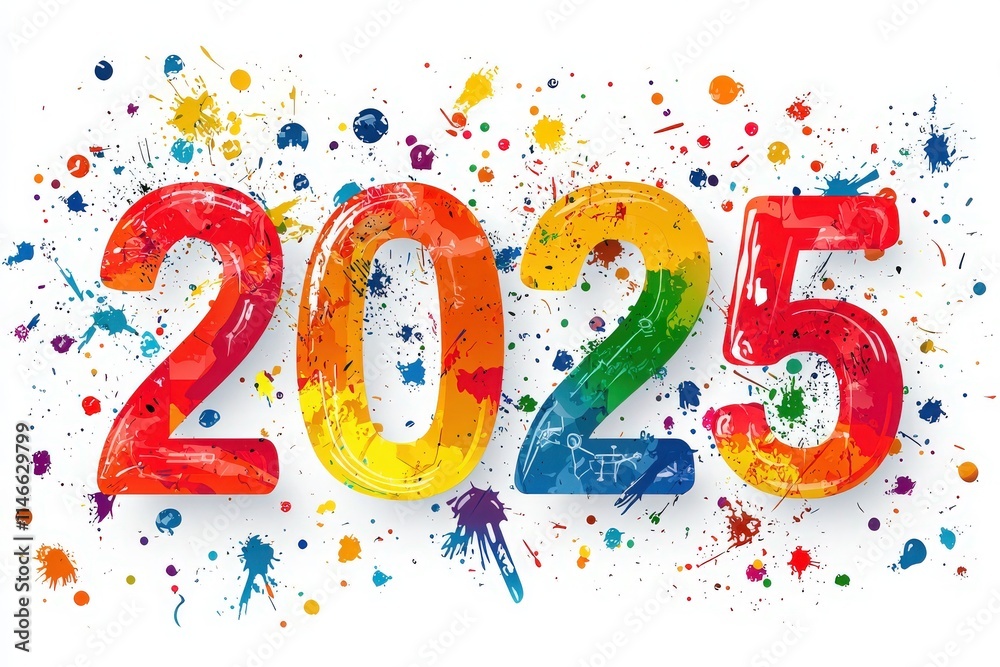 Vibrant numerals 2025 are surrounded by colorful paint splashes, symbolizing joy and creativity as people prepare to celebrate the upcoming New Year with excitement and energy.