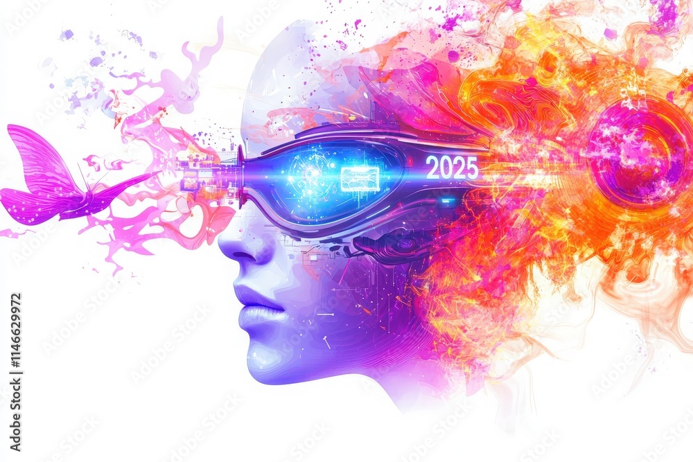 A woman with futuristic goggles reflects a vivid, abstract background filled with vibrant colors and shapes, symbolizing innovation and the year 2025.