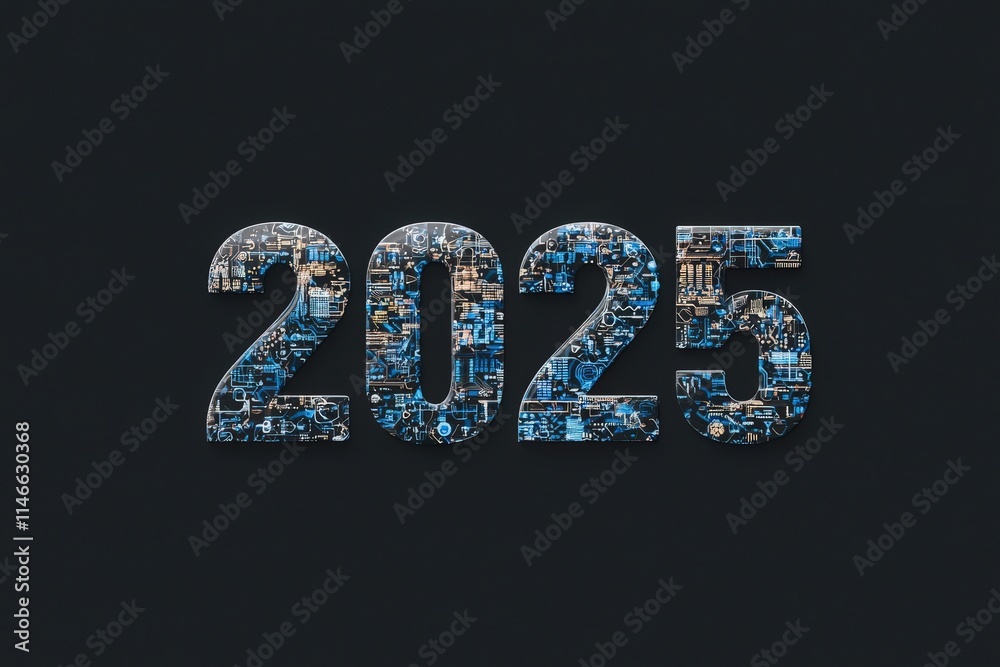 The number 2025 is creatively composed of various electronic components and circuits, showcasing a technological theme against a dark background. This highlights advancements in technology.