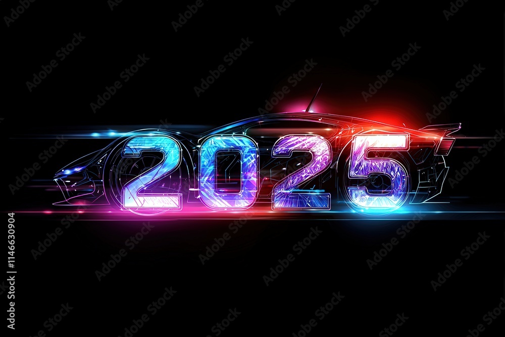 A sleek car silhouette is illuminated by dynamic neon lights, showcasing the year 2025 in a colorful display. The combination of colors creates an energetic and futuristic atmosphere.
