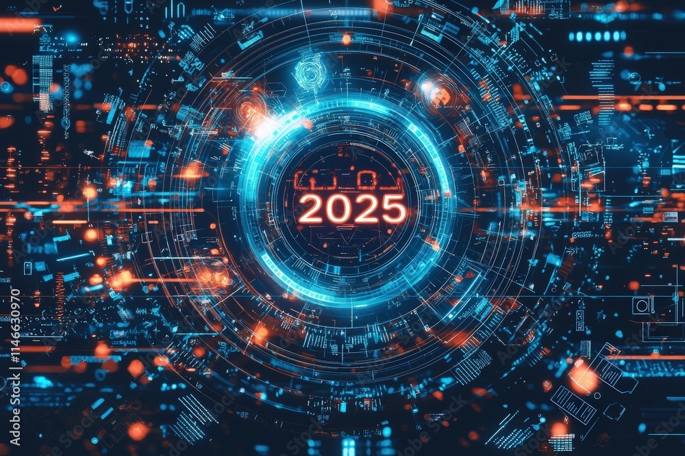A vibrant digital interface showcases the year 2025 at its center, surrounded by glowing lines and futuristic graphics. The design features a high-tech aesthetic with blue and orange hues.