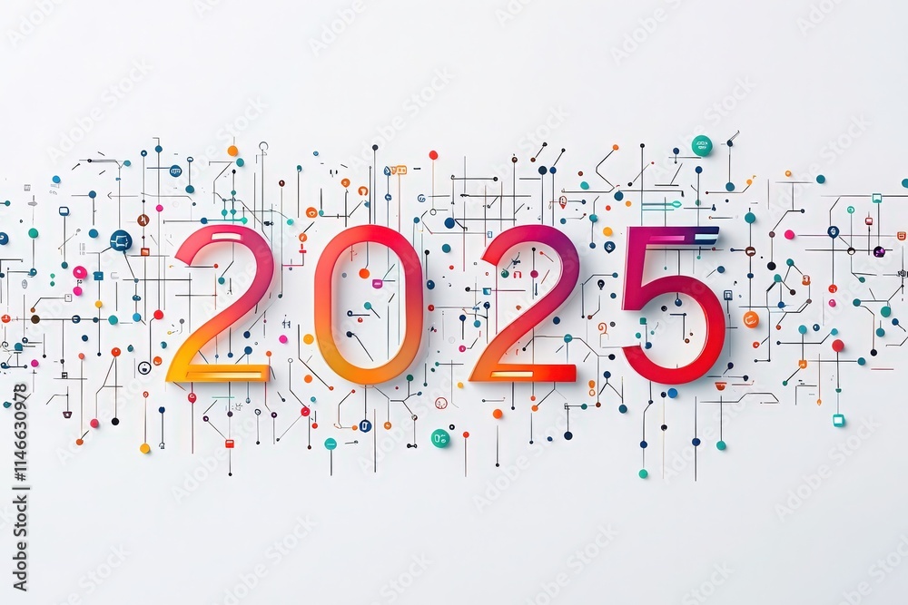 The year 2025 is prominently displayed in vibrant colors, surrounded by intricate patterns of connections and circuitry, symbolizing innovation and technology.