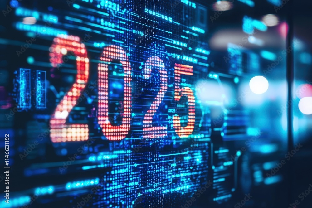 A vibrant digital display features the year 2025 in bold, colorful numbers. The backdrop consists of a matrix of glowing blue and red elements, evoking a sense of advanced technology and innovation.