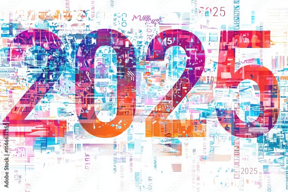 Bright and colorful design shows the numbers 2025 in vivid hues. The background is filled with abstract shapes and patterns, creating an energetic and modern feel for upcoming events.