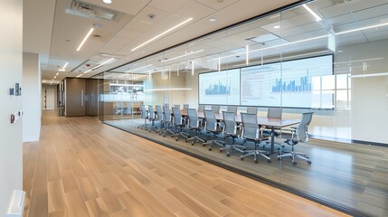 Poster - Glass-walled meeting room with a large interactive whiteboard displaying detailed financial trends and KPIs.