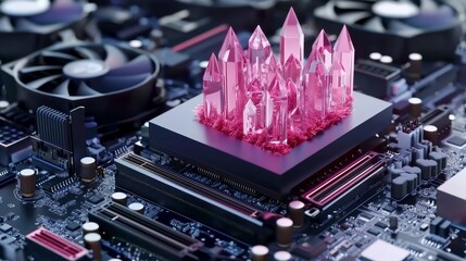 Poster - A mining farm for Bitcoin and other cryptocurrencies, utilizing GPU graphics card rigs, depicted in a 3D illustration.