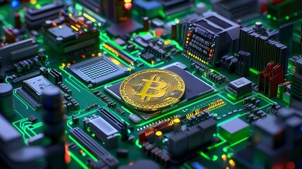 Poster - A refined Bitcoin coin resting on an intricate circuit board, emblematic of the fusion between finance and technology in today's digital world.