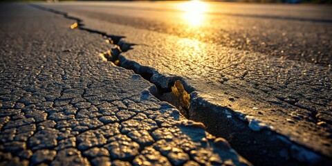 Poster - A crack in the asphalt road, illuminated by the warm glow of the setting sun, reflecting the golden light and casting long shadows on the rough surface.