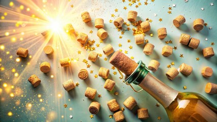 Aufkleber - A sparkling celebration with champagne bottle, corks, and golden confetti, symbolizing joy, festivity, and the art of celebration