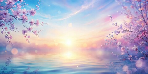 Aufkleber - A serene landscape with delicate flower blossoms framing a radiant sunrise over a tranquil body of water.