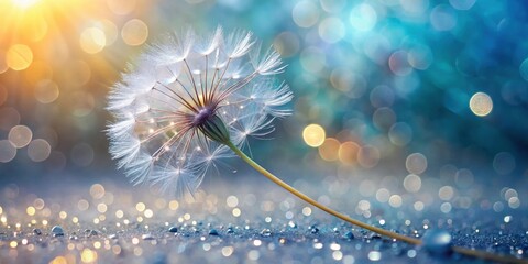 Poster - A Delicate Dandelion Seed Head with Sparkling Water Droplets on a Blue and Gold Bokeh Background
