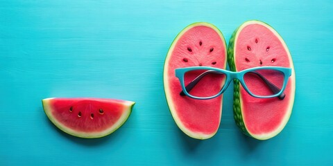 Poster - Watermelon slices with sunglasses on a vibrant blue background, symbolizing the essence of summer fun and refreshment.