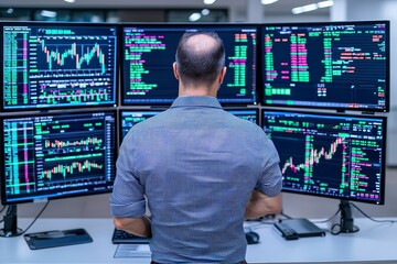 Poster - A financial analyst and day trader use a multi-monitor workstation to track real-time stocks, while a businessman evaluates investment strategies and financial risks on the live stock market.