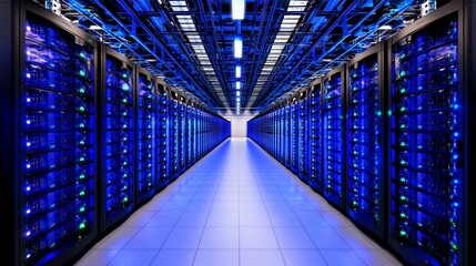 Poster - A high-tech server farm for Bitcoin and crypto mining, illuminated in blue, housing a vast data center.