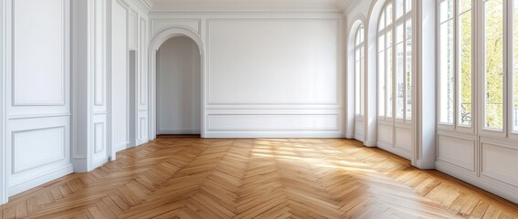 Poster - A sleek, bare room with wooden flooring and a large, simple white wall.