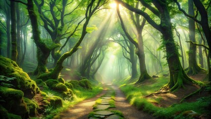 Poster - A pathway leading into a mystical forest, sunlight streaming through the canopy, illuminating the mossy path, casting long shadows on the verdant ground