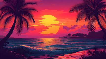 Wall Mural - Vibrant tropical sunset with palm trees, ocean waves, and colorful skies, symbolizing relaxation, paradise, and the serene beauty of coastal landscapes