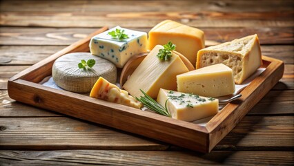 Poster - A selection of various cheeses in a wooden tray, perfect for a gourmet cheese board