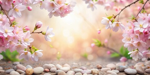 Poster - Delicate Pink Blossoms Frame a Scene of Tranquility with Smooth Stones and a Softly Blurred Background