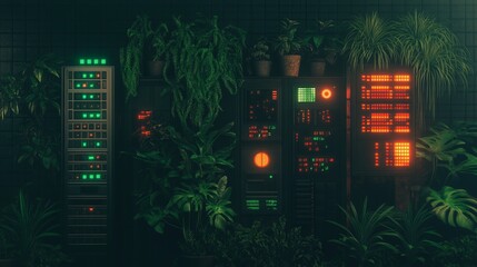 Poster - Retro Tech Server Room Overgrown with Lush Tropical Plants