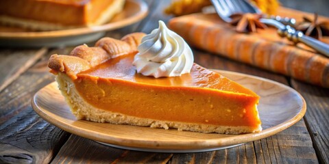 Poster - A slice of pumpkin pie with whipped cream on a wooden plate, ready to be enjoyed