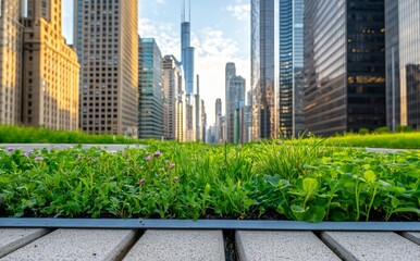 A rooftop garden on a city skyscraper, highlighting urban biodiversity.