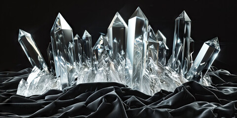 Cluster of Clear Quartz Crystal Points on Black Fabric