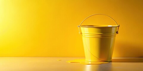 Poster - A yellow bucket sits on a surface with a yellow background, a spill of the same bright color spreading outwards