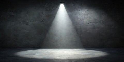 Poster - A single spotlight illuminating a dark concrete room with a dramatic circular beam of light on the floor