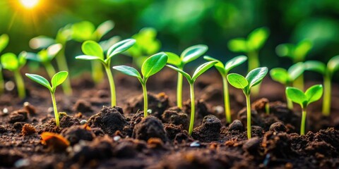 Aufkleber - Tiny Green Shoots Emerging From the Rich, Dark Soil, Basking in the Warm Glow of the Morning Sun